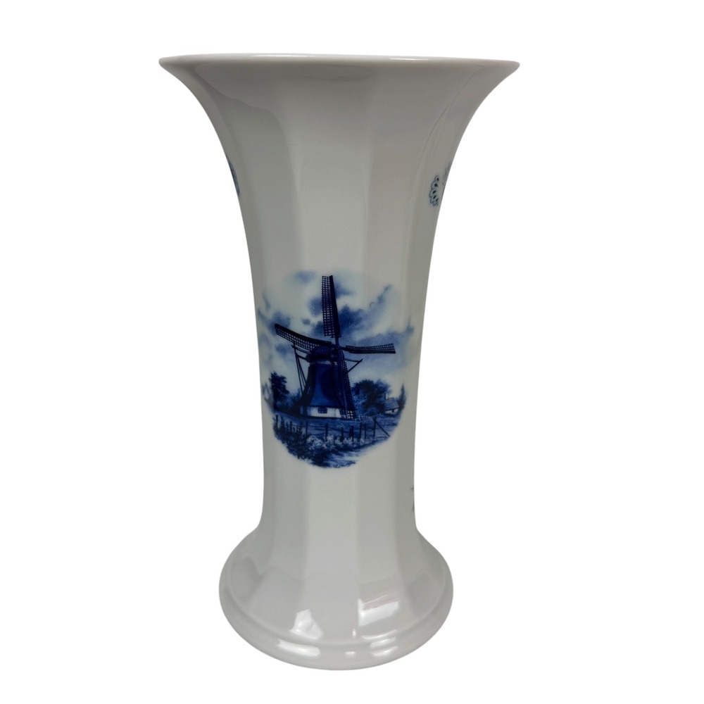 Ter Steege BV Delft Blauw Windmill Porcelain Vase 1984 Holland Hand Decorated 8"